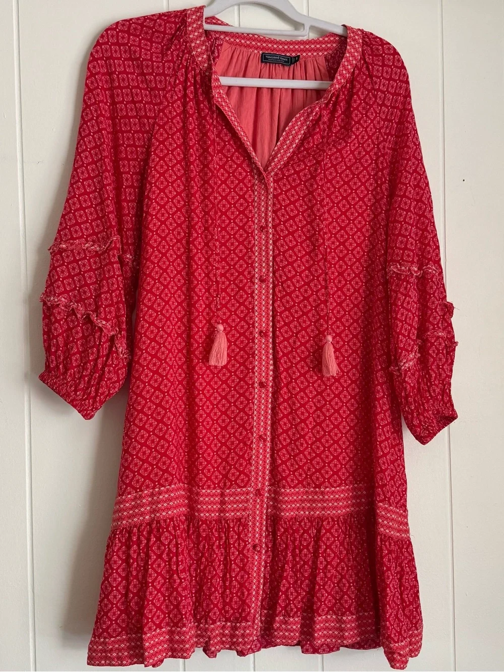 Vineyard Vines Chelsea Geo Tile Dress Red Boho Tassel Lined Size Small - Picture 2 of 6